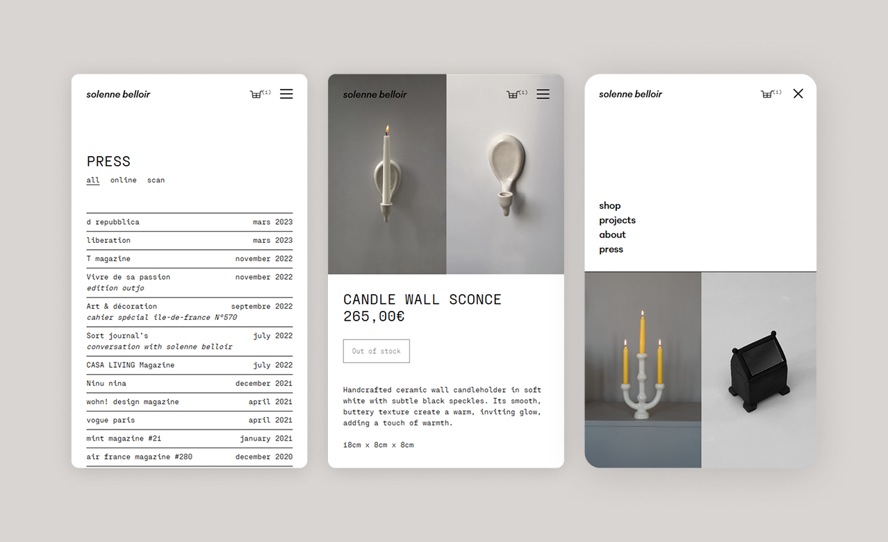 Mobile layout preview of Solenne Belloir’s website featuring press, product, and menu.